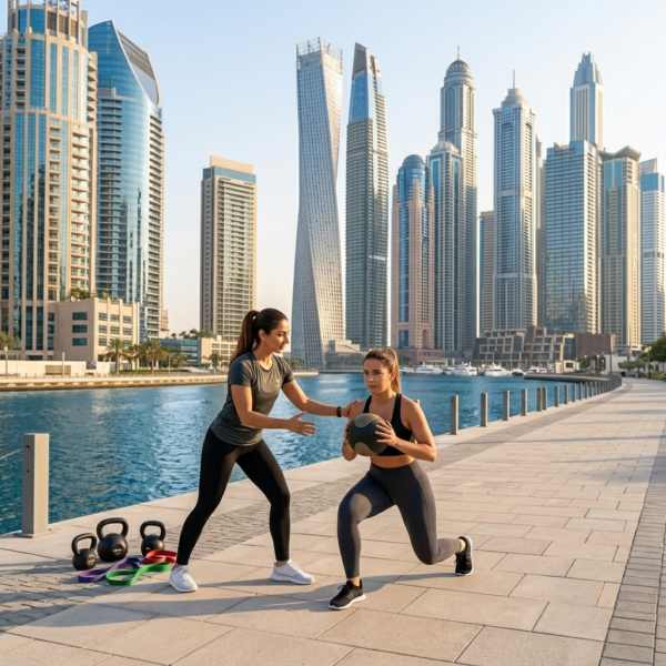 Personal Trainer JLT — Certified Coaches in Your Tower or Building Gym 1 Personal trainer JLT — outdoor session on a lakeside walkway between the towers