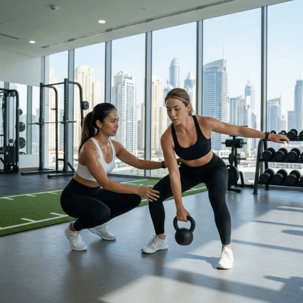 Personal Trainer Al Barsha — Certified Coaches at Your Home 1 Personal trainer Al Barsha — kettlebell strength session in a building gym