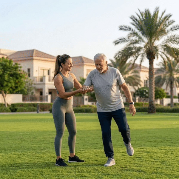 Personal Trainer Arabian Ranches — Certified Coaches at Your Villa 1 Personal trainer Arabian Ranches — strength and balance session in a villa garden