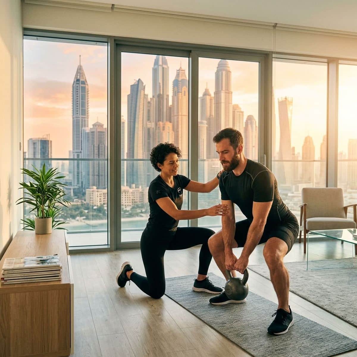 Personal Trainer Media City — At Home or Your Building Gym 1 Home personal trainer coaching a client in a Media City Dubai apartment
