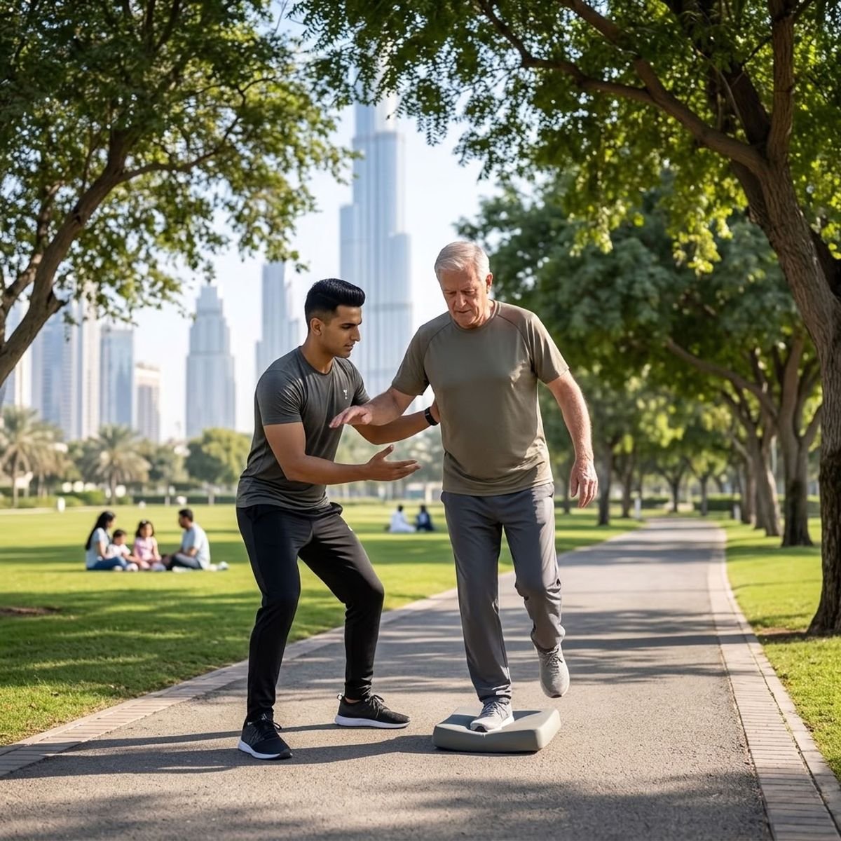 Personal Trainer Mirdif — Certified Coaches Who Come to You 1 Personal trainer working with an older client on balance in a Mirdif Dubai park