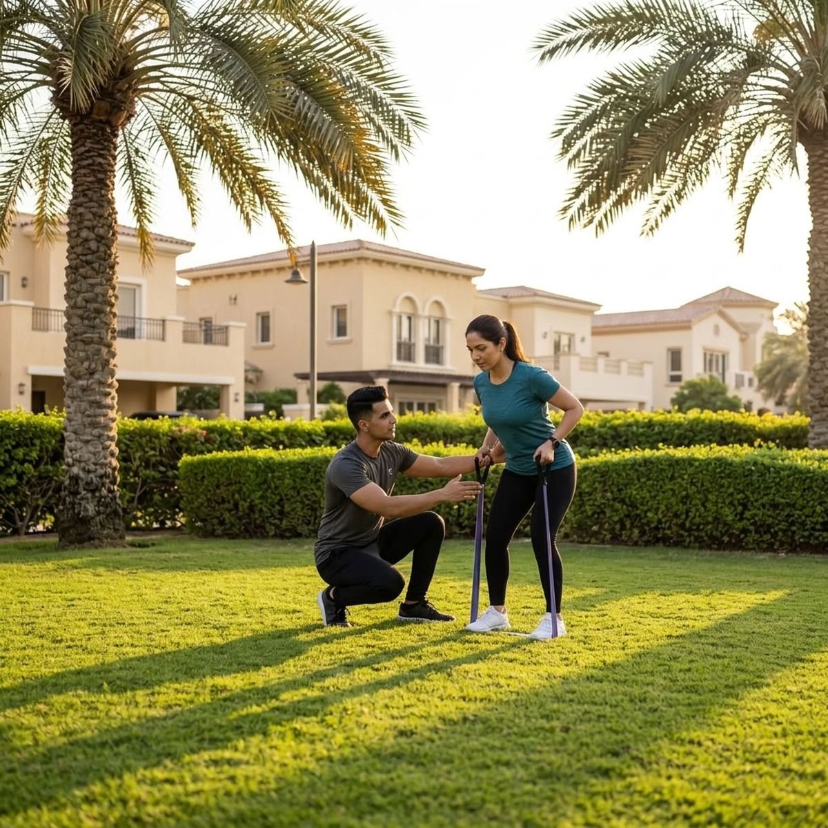 Personal Trainer Springs and Meadows — At Home in Your Villa 1 Personal trainer coaching a client in a villa garden in the Springs Meadows Dubai