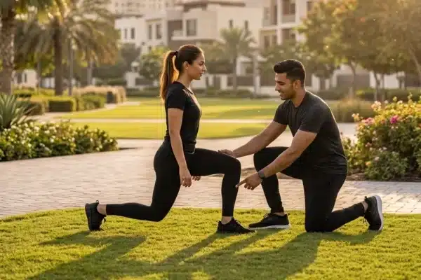 Personal Trainer Damac Hills — Certified Coaches Who Come to You 1 Personal trainer Damac Hills — coach training a client on a community lawn between the villas